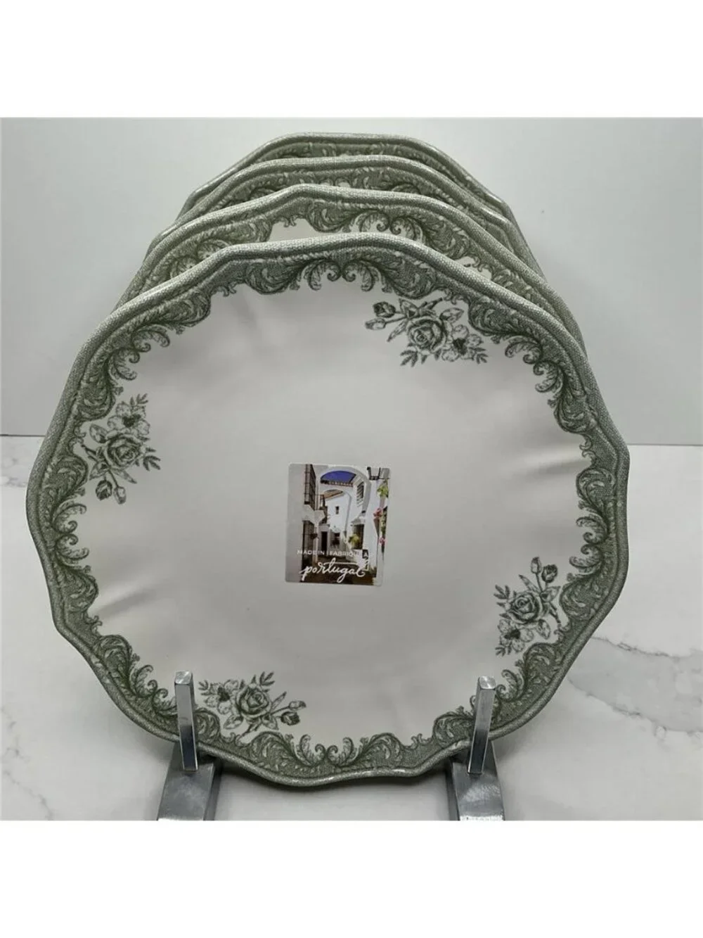 4 Matceramica Stoneware Salad Plates Green Rose Shaped 8.5” From Portugal New
